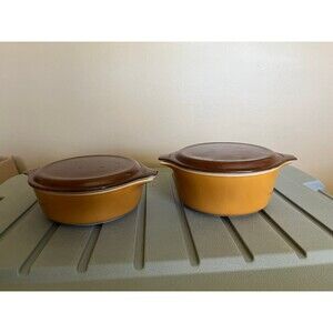 Vintage Pyrex Covered Casserole Dishes Bowls Tan Orange Gold with Brown Lid